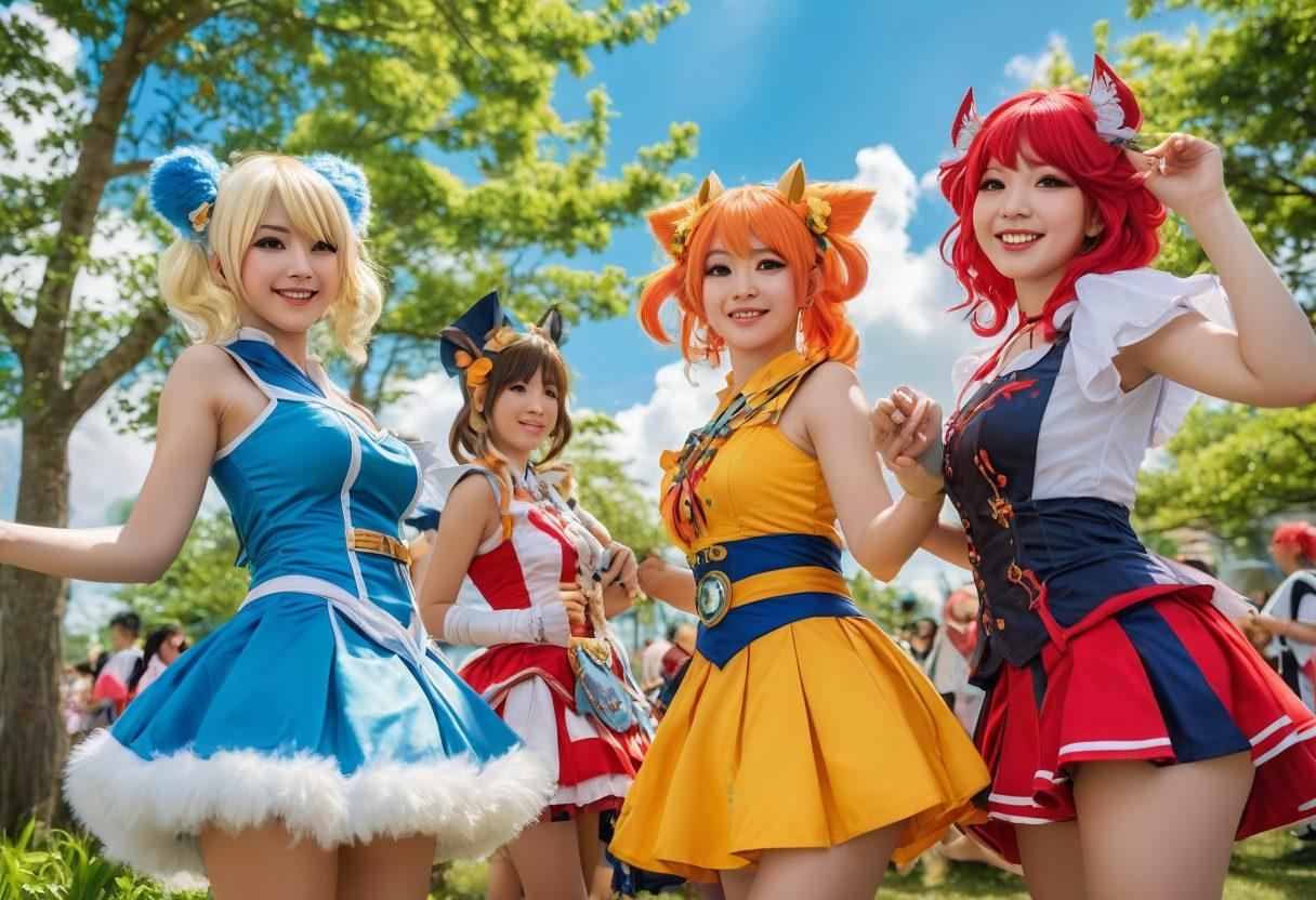 A vibrant summer scene featuring an array of playful cosplayers in colorful costumes, blending elements of anime and fantasy art. In the background, a sparkling blue sky and lush green trees represent a festival atmosphere, while characters embody a mix of light-hearted mischief and creativity. Artifacts like comic books and fantasy-themed props are scattered around, enhancing the otaku culture vibe. super-realistic. vibrant colors. whimsical elements.